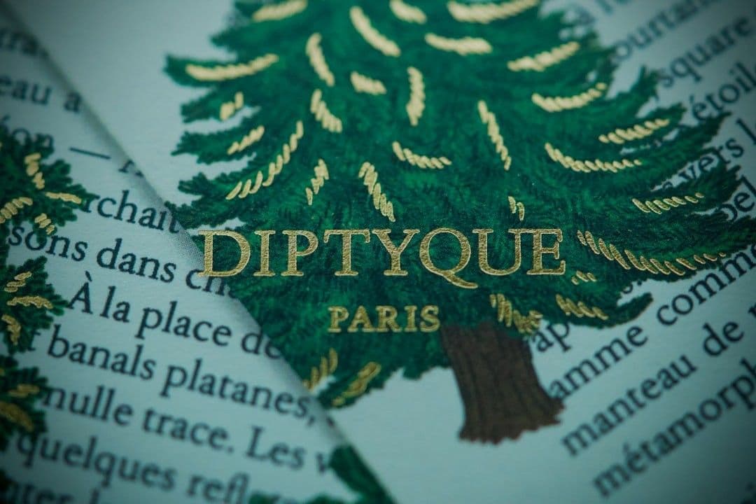 Diptyque paris logo on a green christmas tree.